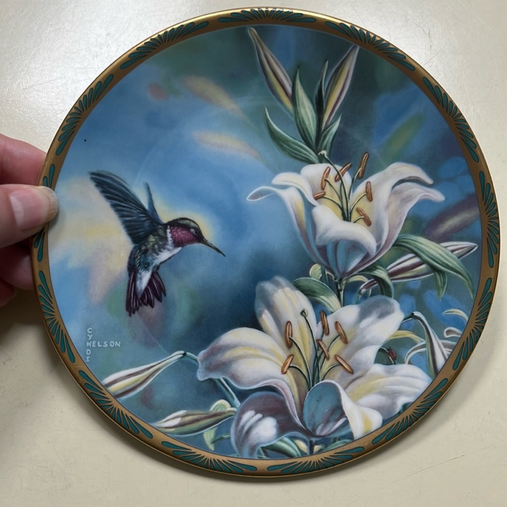 Small 6.5" Ruby-throated Hummingbird & Lilies by Pickard  First Edition U.S.A.